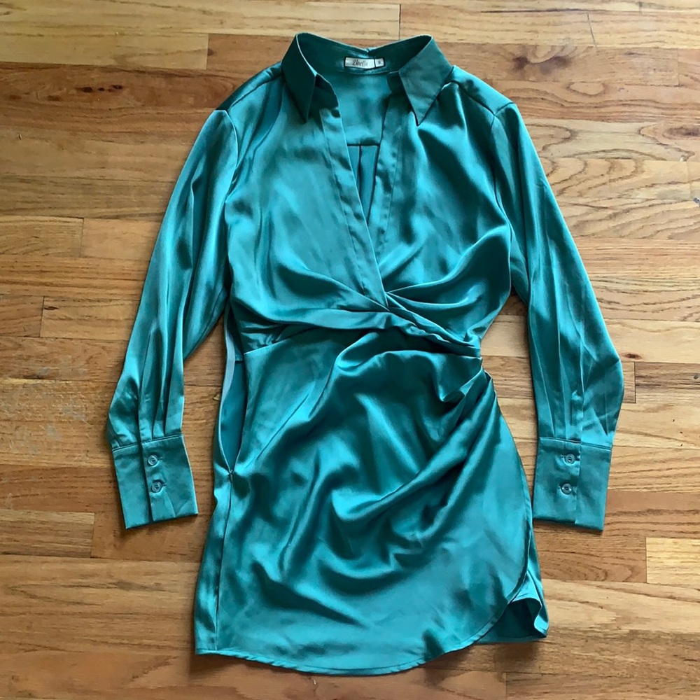 Boutique sage green mini dress, size s, silk